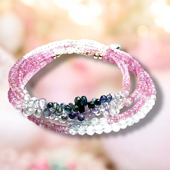 14K Gold Gemstone Wrap Bracelet Necklace: Moonstone, Sapphire, Aquamarine - Picture 2 of 13